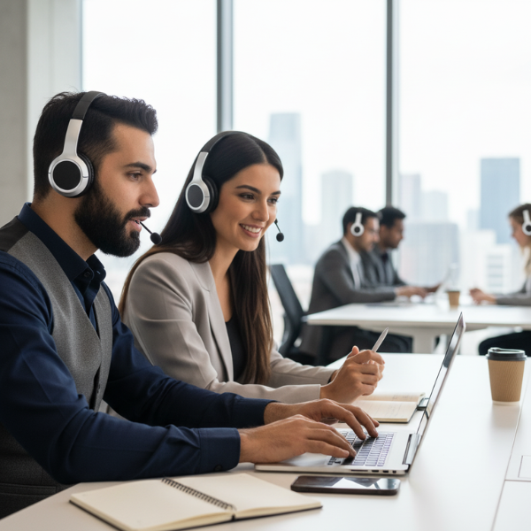 team working in office with headphone